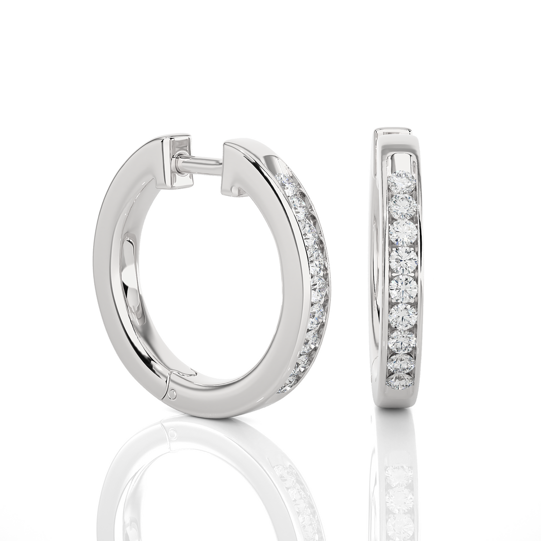 Side profile of 1 Carat Round Moissanite Channel Set Hoop Earrings In Silver, highlighting the slim, elegant design.