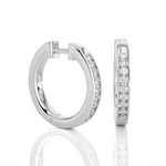Load image into Gallery viewer, Side profile of 1 Carat Round Moissanite Channel Set Hoop Earrings In Silver, highlighting the slim, elegant design.
