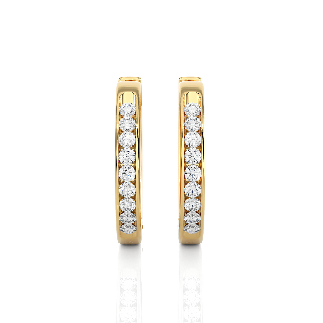 Front View of 1 Carat Round Moissanite Channel Set Hoop Earrings In Yellow Gold, shown from the front for full sparkle.
