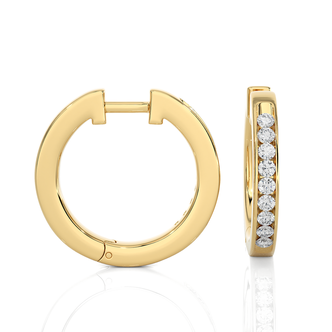 Side profile of 1 Carat Round Moissanite Channel Set Hoop Earrings In Yellow Gold, highlighting the slim, elegant design.