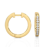 Load image into Gallery viewer, Side profile of 1 Carat Round Moissanite Channel Set Hoop Earrings In Yellow Gold, highlighting the slim, elegant design.
