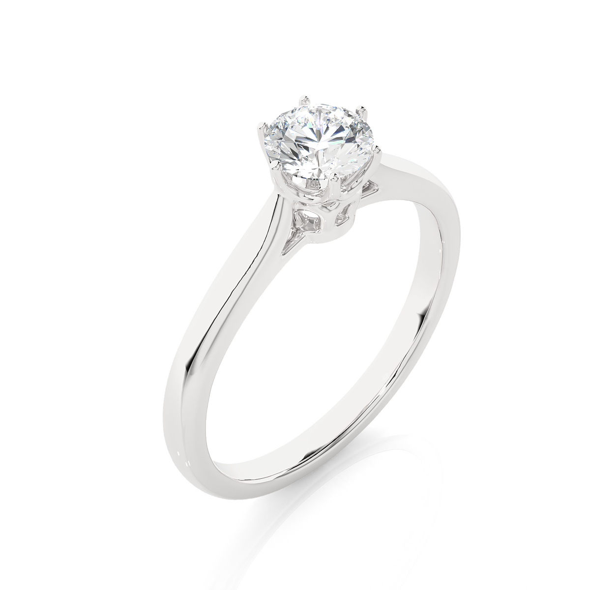 Angled view of 1 carat round moissanite solitaire engagement ring in white gold, showcasing the band and setting