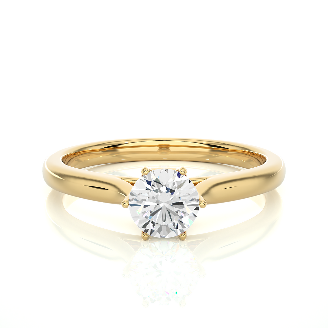 Front view of 1 Carat Round Moissanite Solitaire Engagement Ring In Yellow Gold, highlighting the brilliant center moissanite stone.