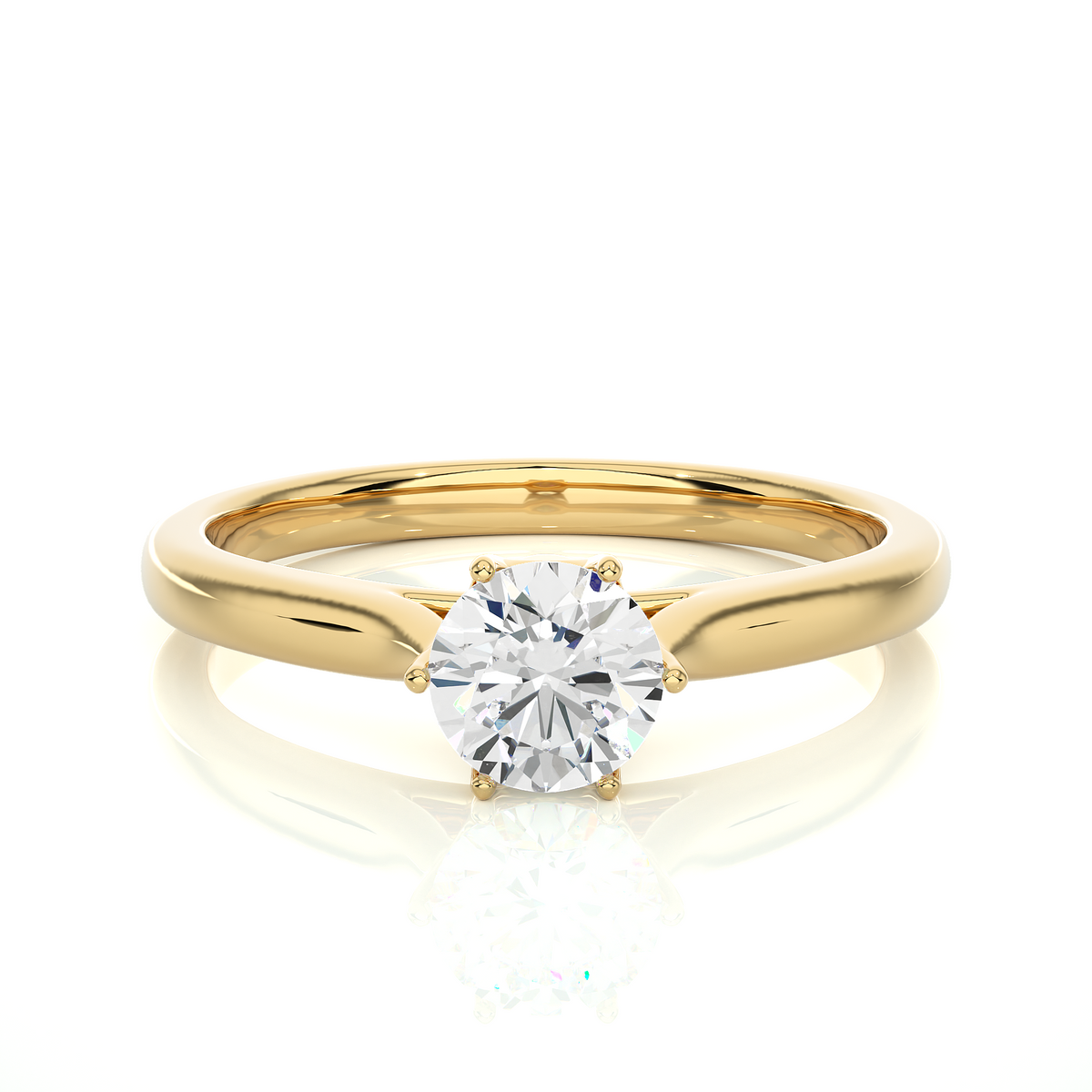 Front view of 1 carat round moissanite solitaire engagement ring in yellow gold, highlighting the brilliant center moissanite stone
