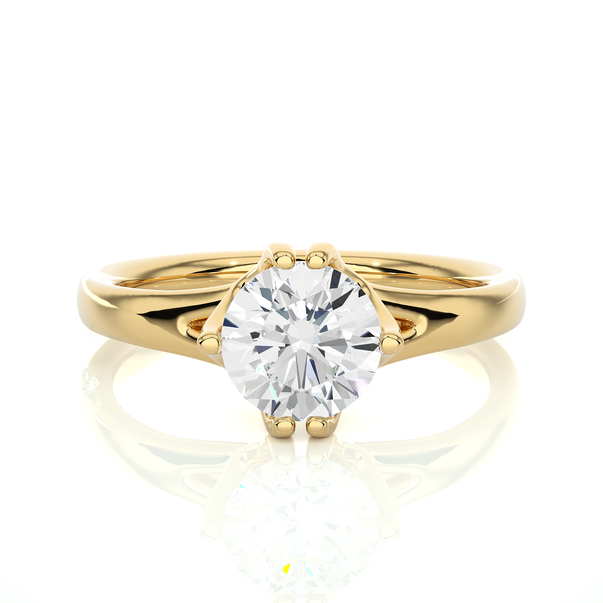 Front view of 1 carat round moissanite split shank solitaire engagement ring in yellow gold, highlighting the brilliant center moissanite stone