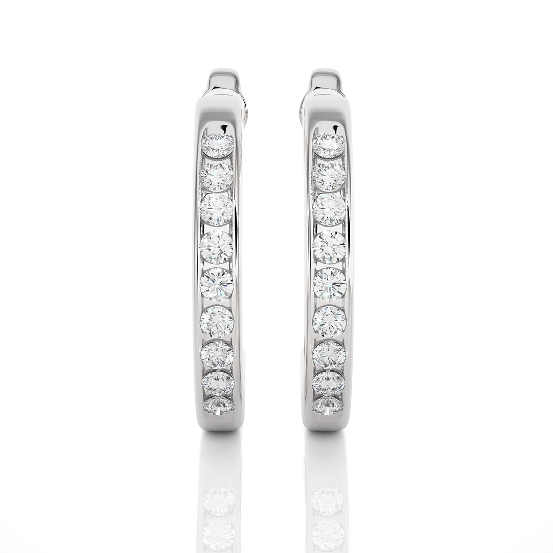 Front view of 1 Carat Round Shape Moissanite C-Hoop Earrings In White Gold, showing full sparkle from aligned round stones.