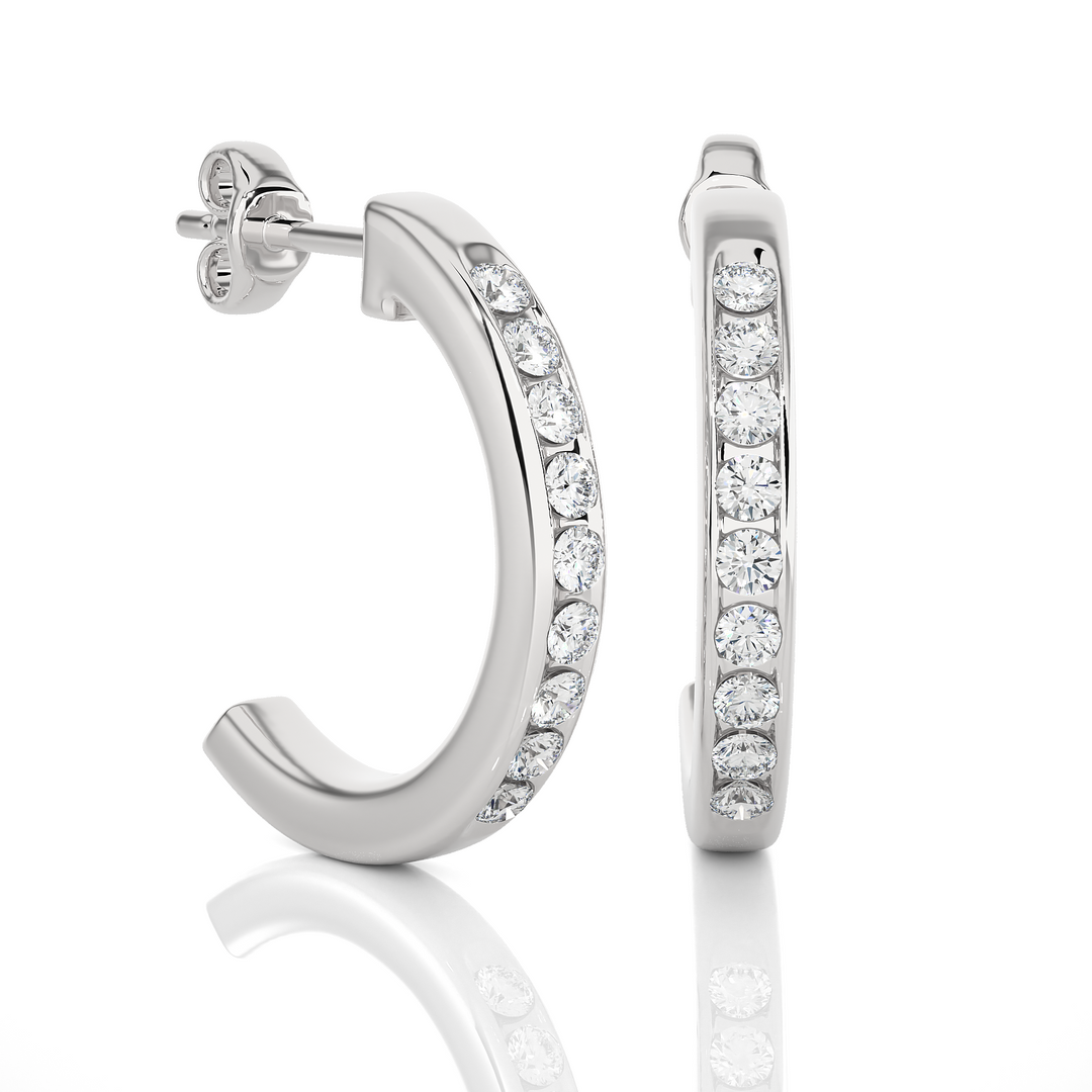 side view of 1 Carat Round Shape Moissanite C-Hoop Earrings In White Gold with bend and some stones showing.