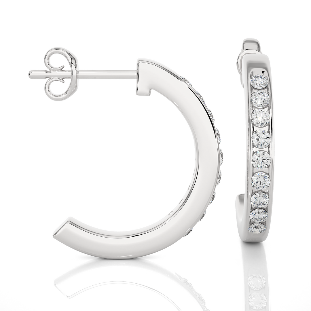 side view of 1 Carat Round Shape Moissanite C-Hoop Earrings In White Gold with bend and some stones showing.