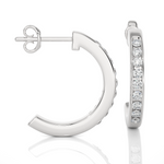 Load image into Gallery viewer, side view of 1 Carat Round Shape Moissanite C-Hoop Earrings In White Gold with bend and some stones showing.
