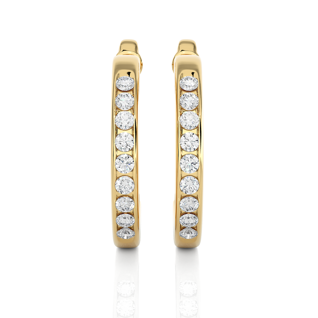 Front view of 1 Carat Round Shape Moissanite C-Hoop Earrings In Yellow Gold, showing full sparkle from aligned round stones.