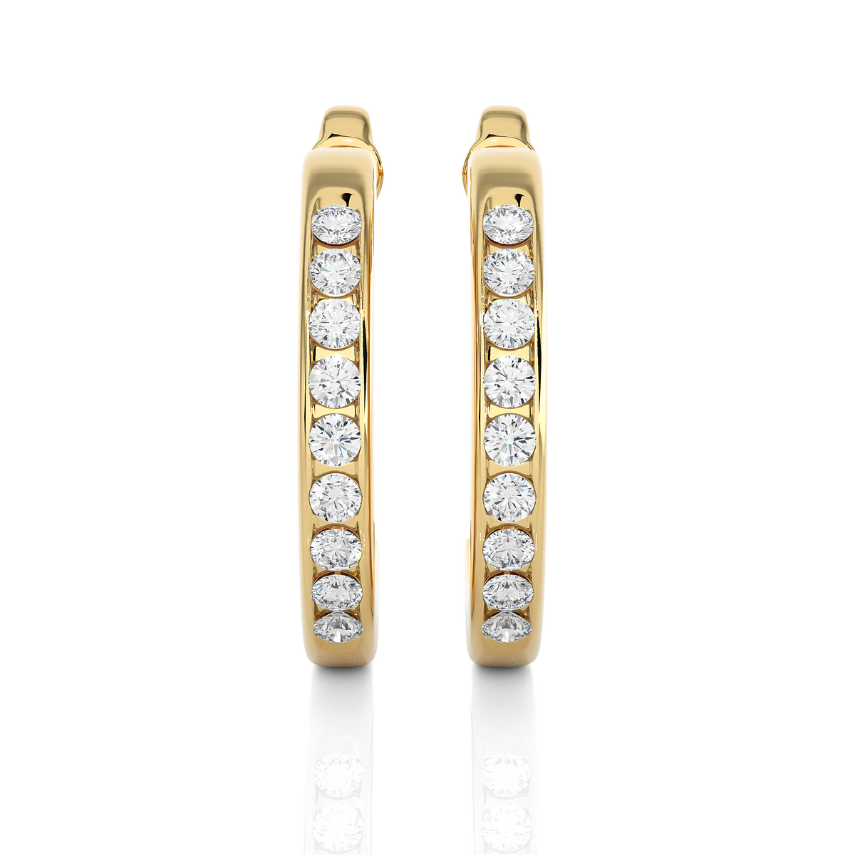 Front view of 1 carat round shape moissanite c hoop earrings in yellow gold, showing full sparkle from aligned round stones