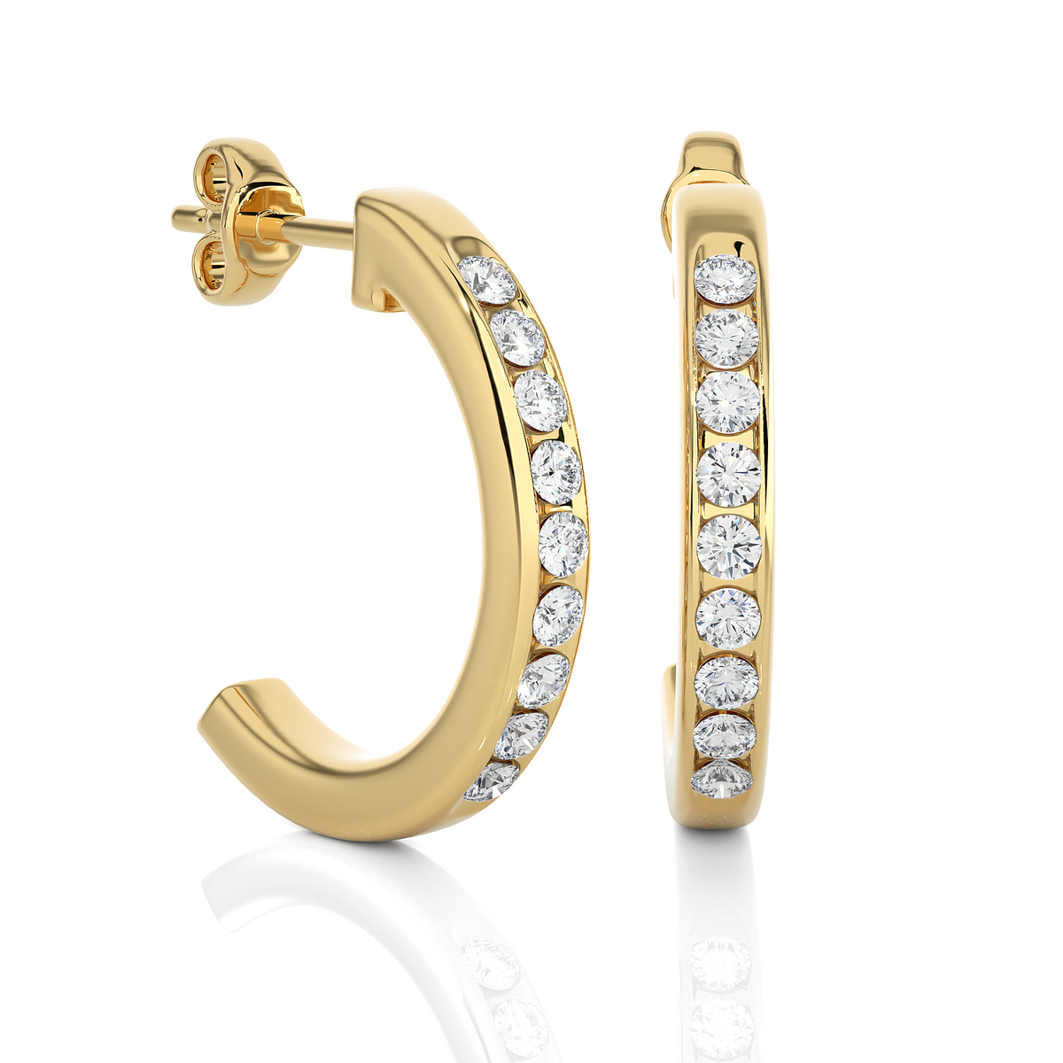 Side view of 1 carat round shape moissanite c hoop earrings in yellow gold with bend and some stones showing