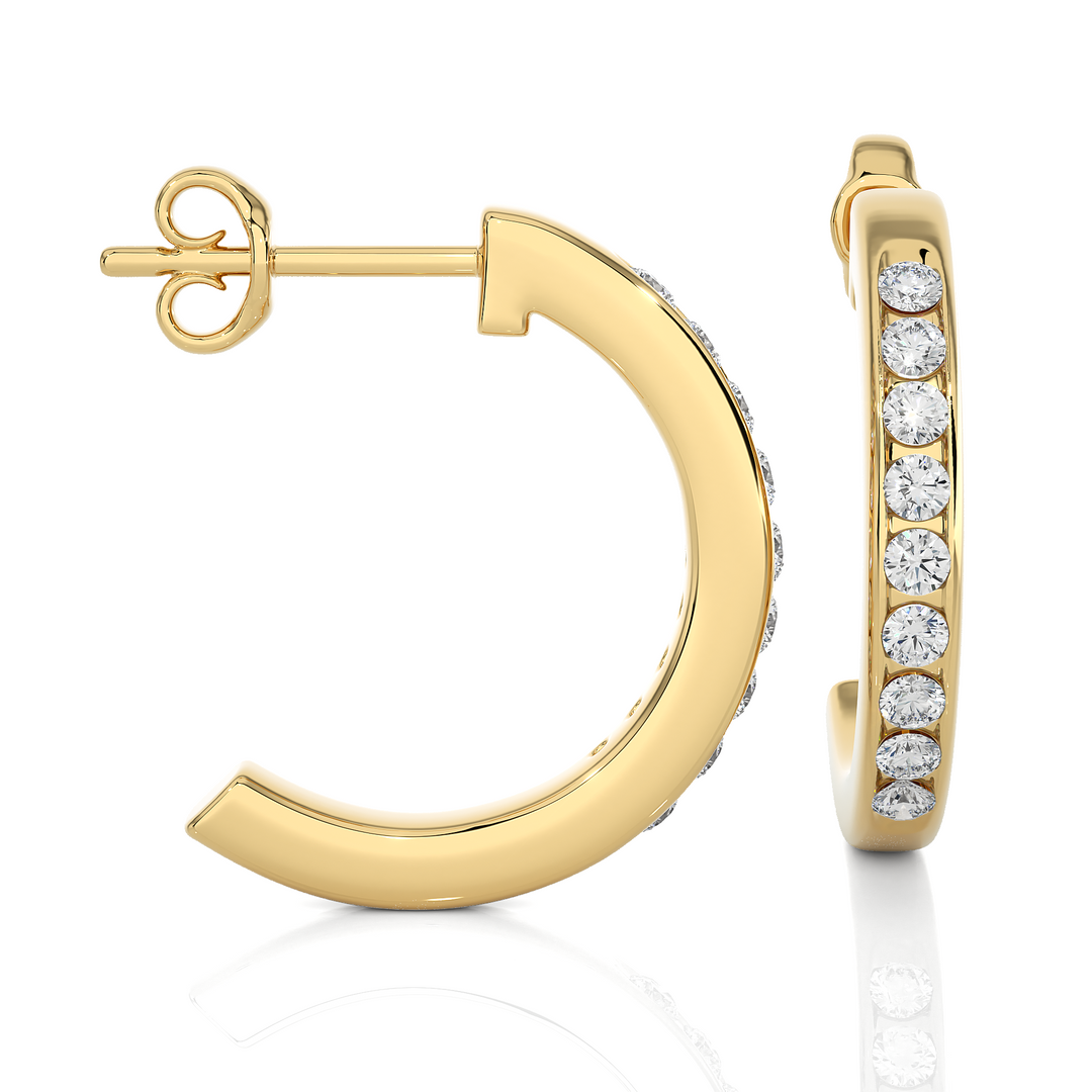 side view of 1 Carat Round Shape Moissanite C-Hoop Earrings In Yellow Gold with bend and some stones showing.