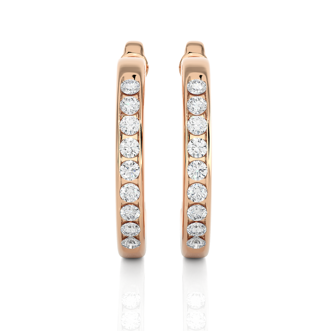 Front view of 1 Carat Round Shape Moissanite C Hoop Earrings In Rose Gold, showing full sparkle from aligned round stones.