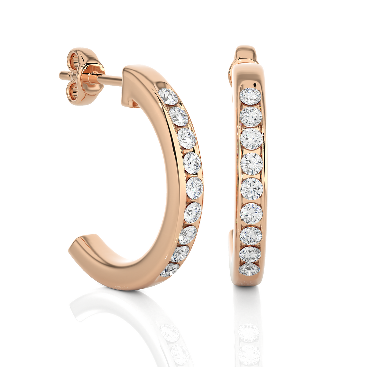 Side view of 1 carat round shape moissanite c hoop earrings in rose gold with bend and some stones showing