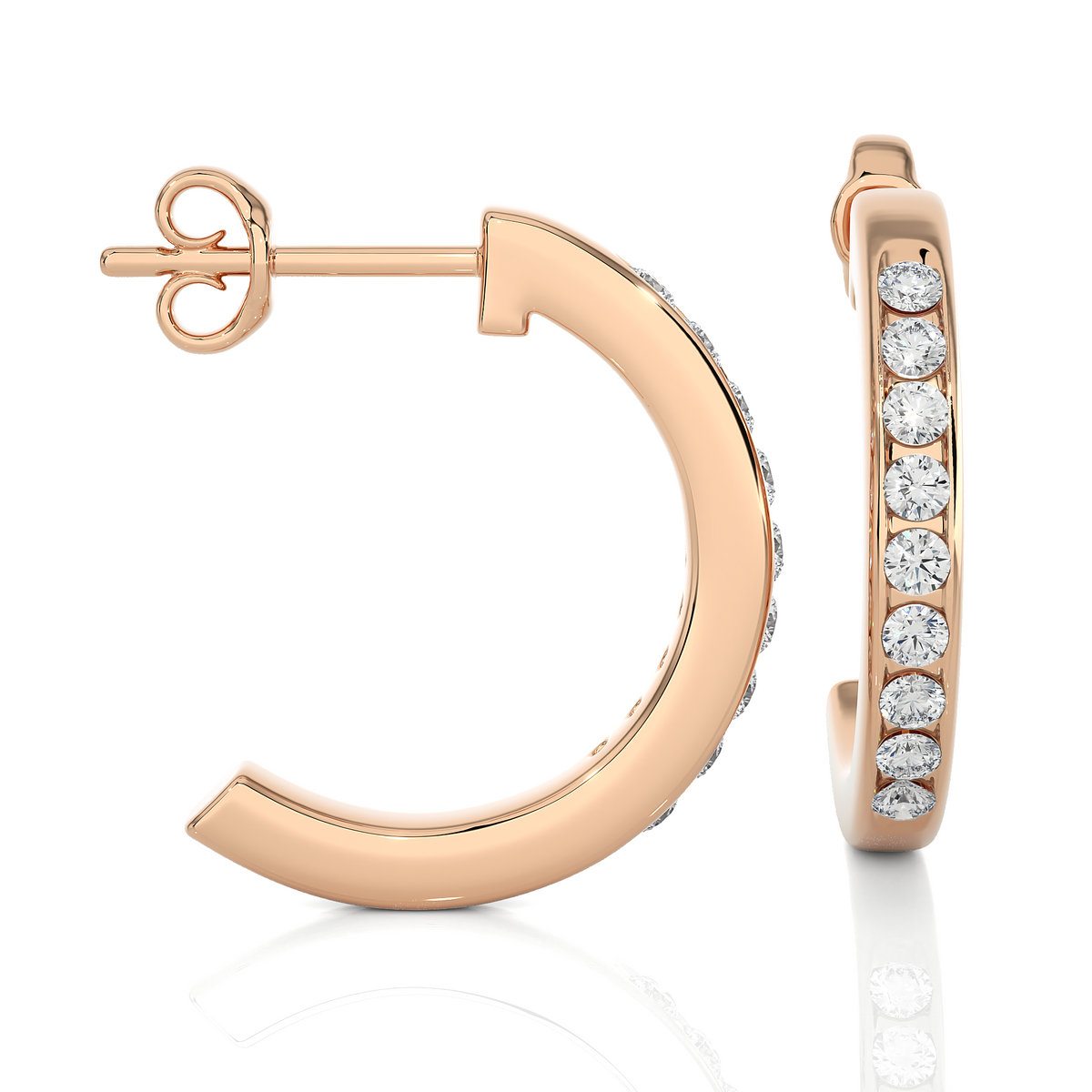 Side view of 1 carat round shape moissanite c hoop earrings in rose gold with bend and some stones showing
