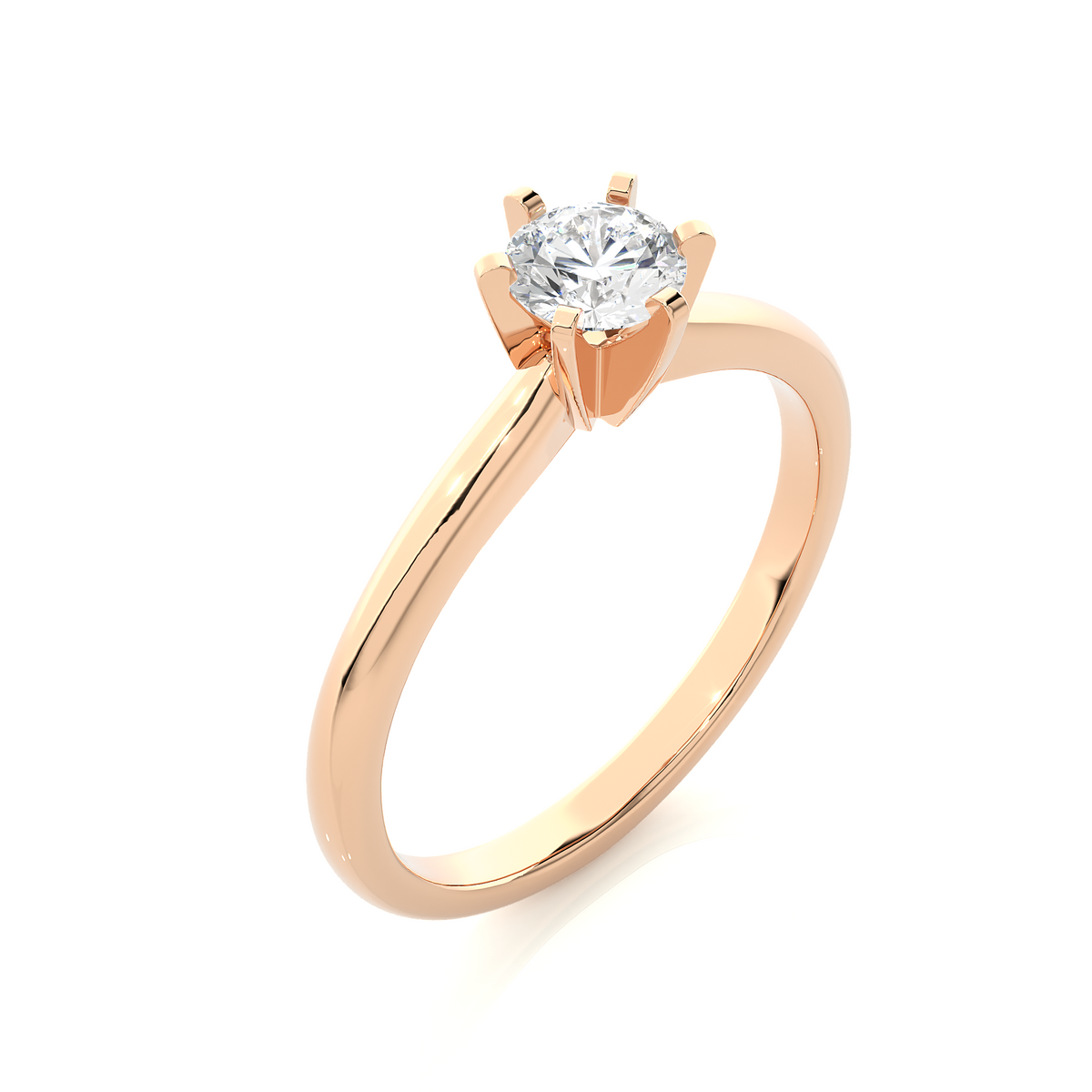 Angled view of 1 carat six prong solitaire moissanite ring in rose gold, showcasing the band and setting