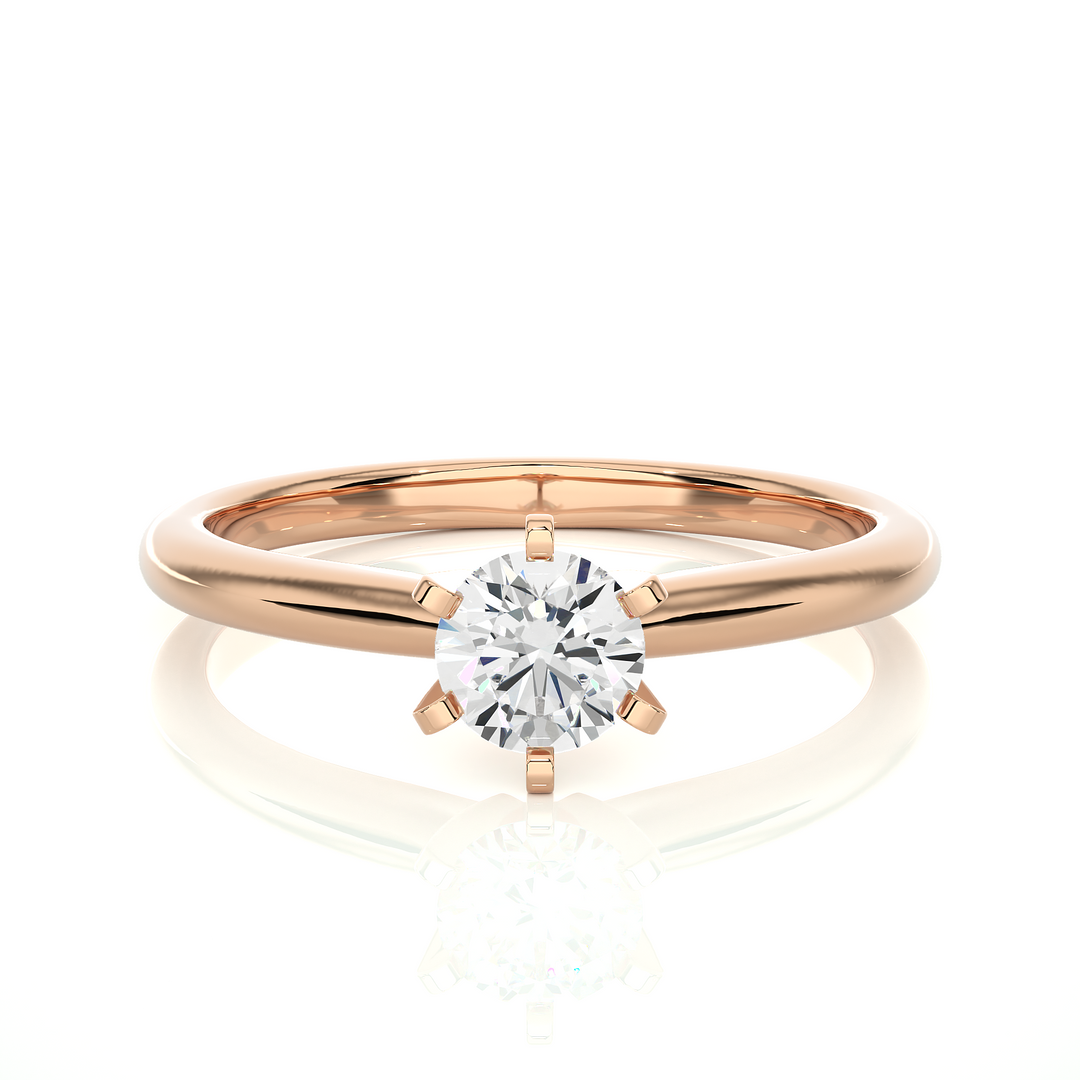 Front view of 1 Carat Six Prong Solitaire Moissanite Ring in Rose Gold, highlighting the brilliant center moissanite stone.