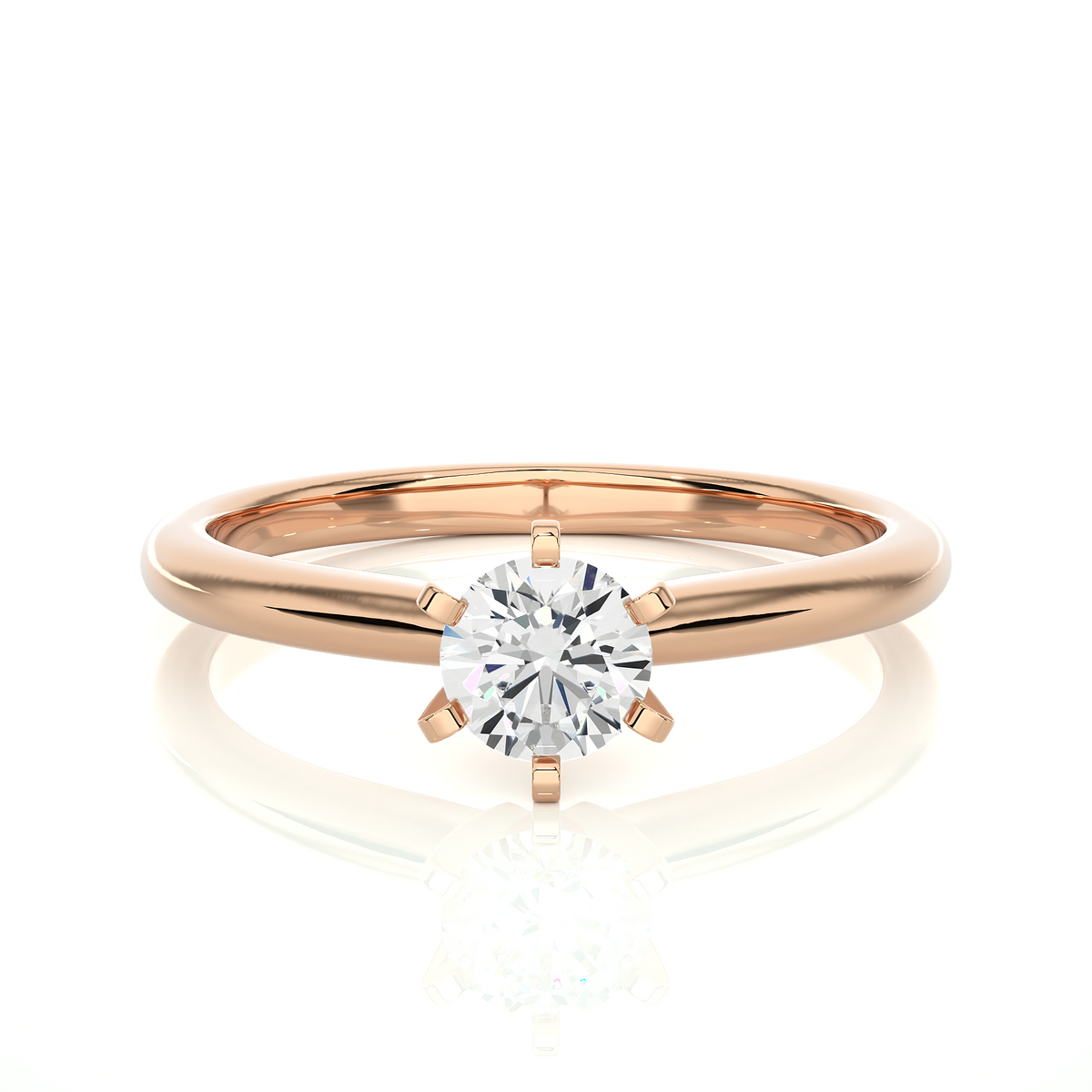 Front view of 1 carat six prong solitaire moissanite ring in rose gold, highlighting the brilliant center moissanite stone