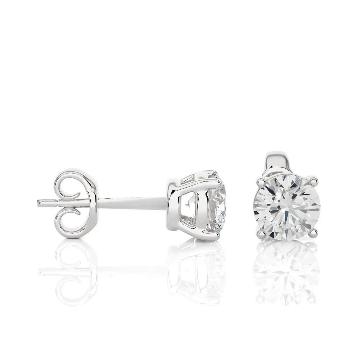 Side view of 1 ct basket set moissanite stud earrings in sterling silver, highlighting prong height and earring profile