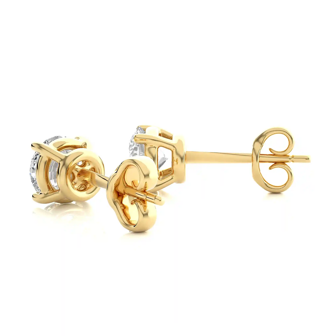 Angled view of 1 Ct Basket Set Moissanite Stud Earrings In Yellow Gold, showing depth and radiant sparkle.