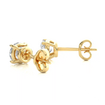 Load image into Gallery viewer, Angled view of 1 Ct Basket Set Moissanite Stud Earrings In Yellow Gold, showing depth and radiant sparkle.
