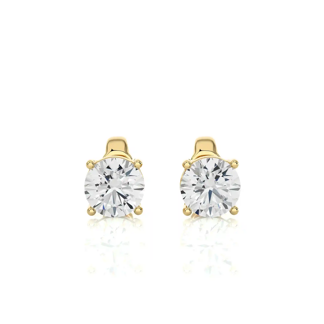 Front view of 1 Ct Basket Set Moissanite Stud Earrings In Yellow Gold, with classic four-prong setting. With a classic four-prong setting.