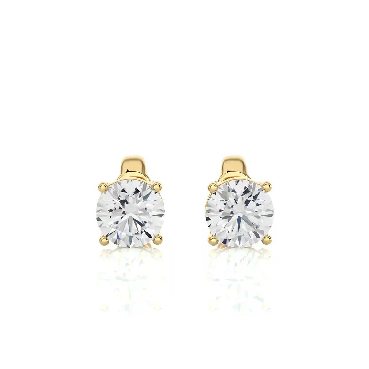 Front view of 1 ct basket set moissanite stud earrings in yellow gold, with classic four prong setting