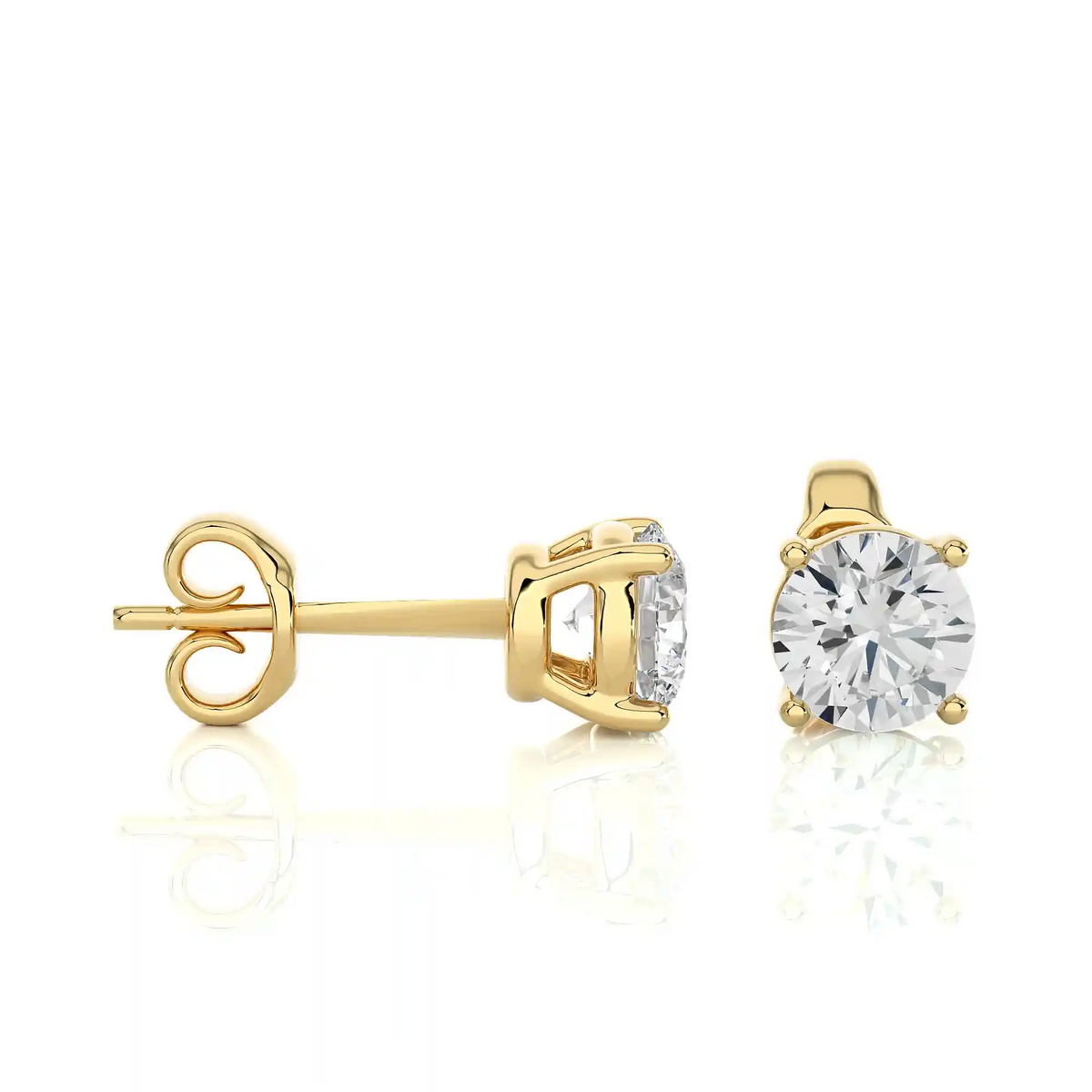 Side view of 1 ct basket set moissanite stud earrings in yellow gold, highlighting prong height and earring profile