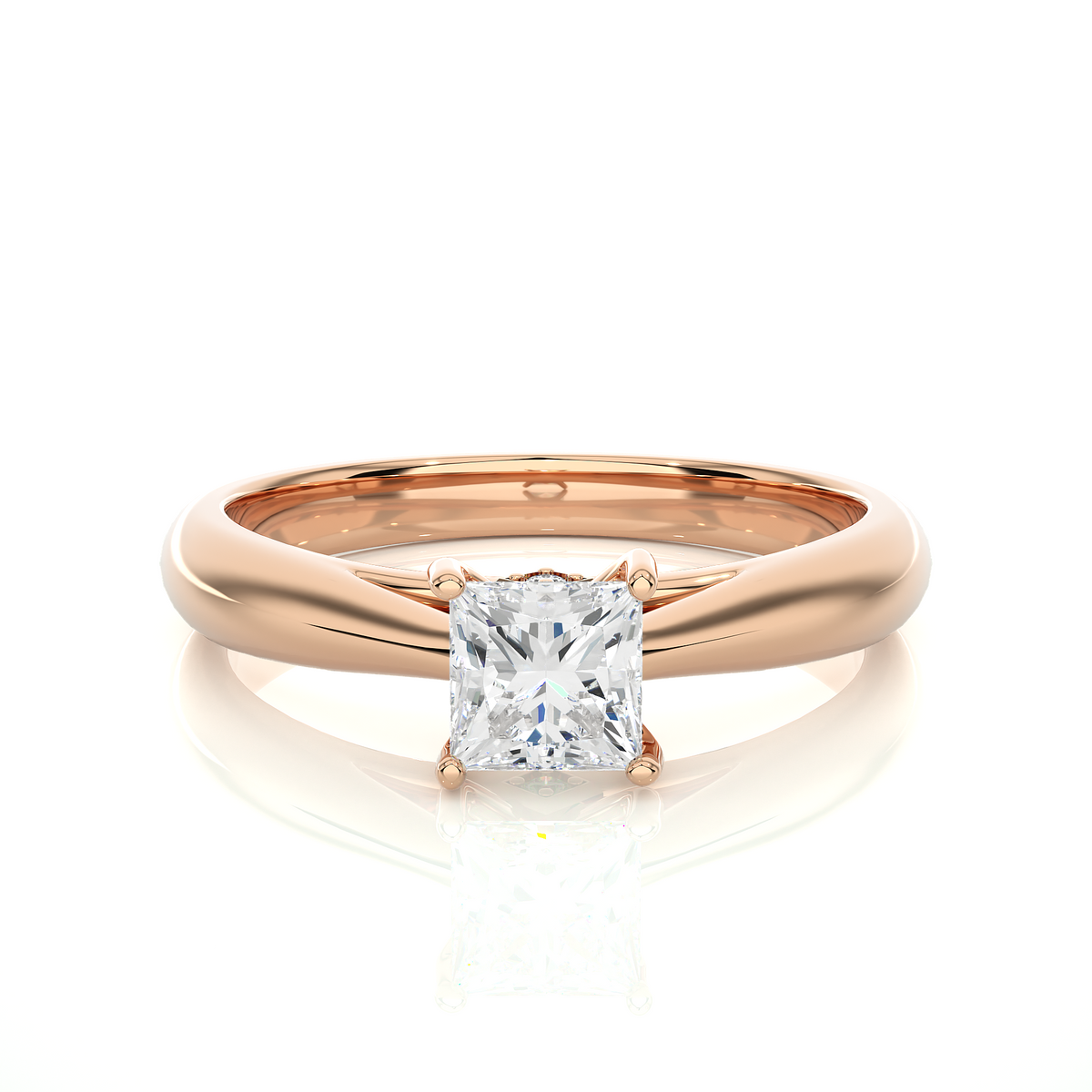 Front view of 1 ct princess moissanite solitaire engagement ring in rose gold, highlighting the brilliant center moissanite stone
