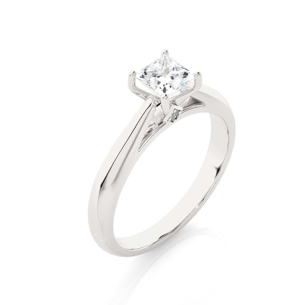 Angled view of 1 ct princess moissanite solitaire engagement ring in white gold, showcasing the band and setting