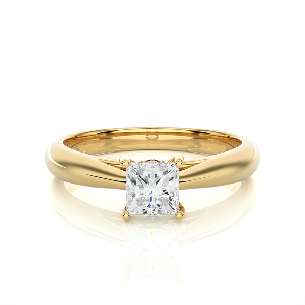 Front view of 1 Ct Princess Moissanite Solitaire Engagement Ring In Yellow Gold, highlighting the brilliant center moissanite stone.