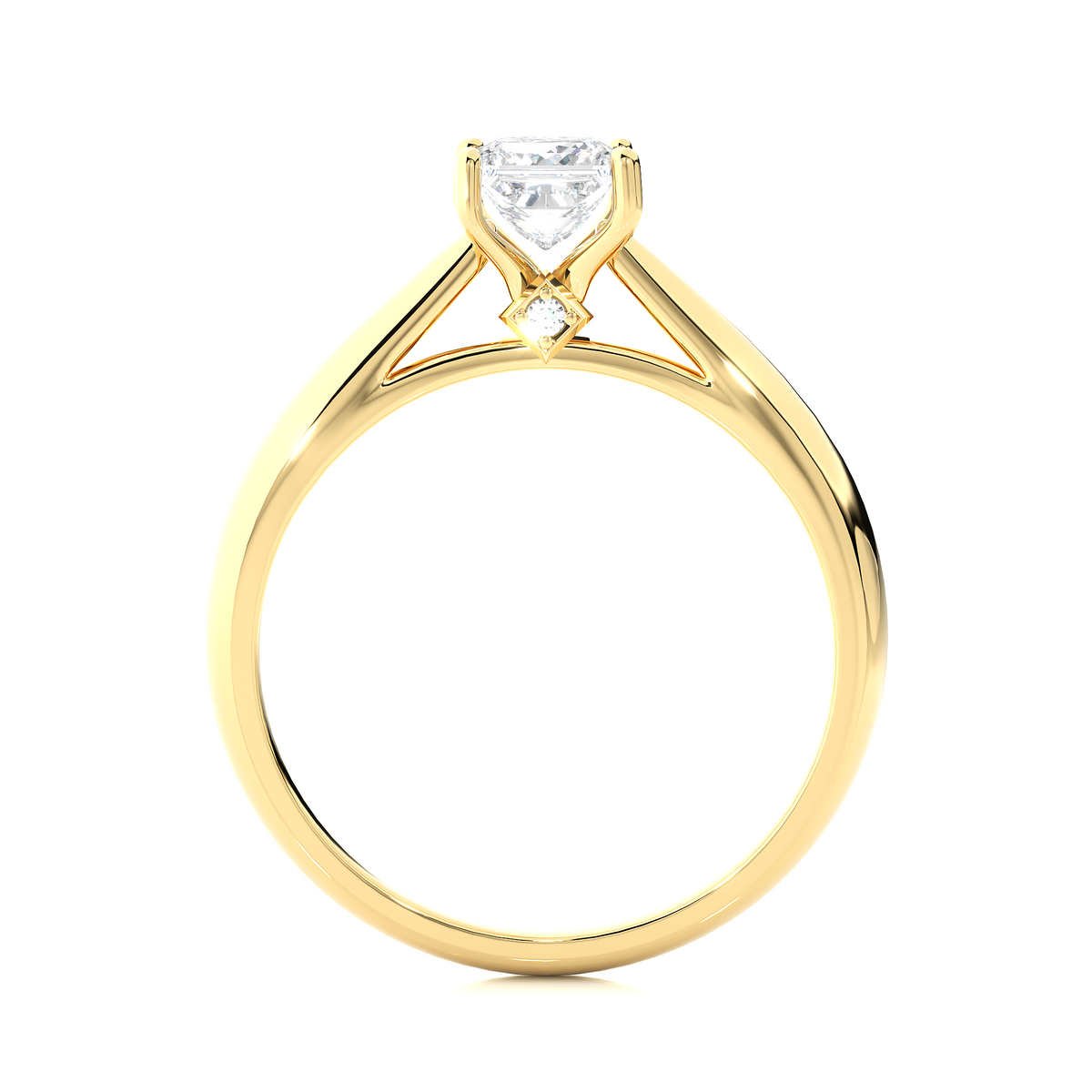 Side profile of 1 ct princess moissanite solitaire engagement ring in yellow gold, highlighting the prong setting