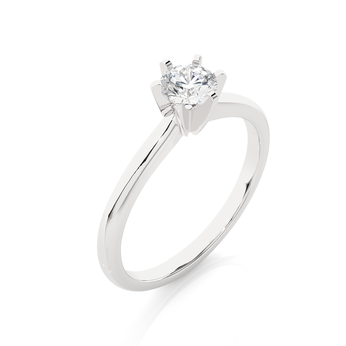 Angled view of 1 ct round cut six prong solitaire moissanite ring in silver, showcasing the band and setting