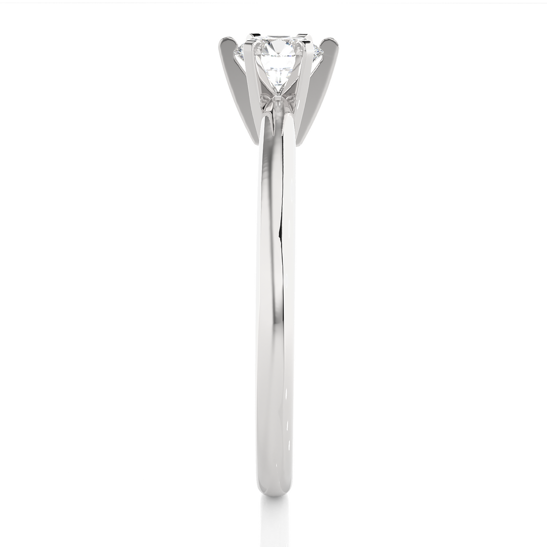 Side profile of 1 Ct Round Cut Six Prong Solitaire Moissanite Ring in Silver, highlighting the prong setting.
