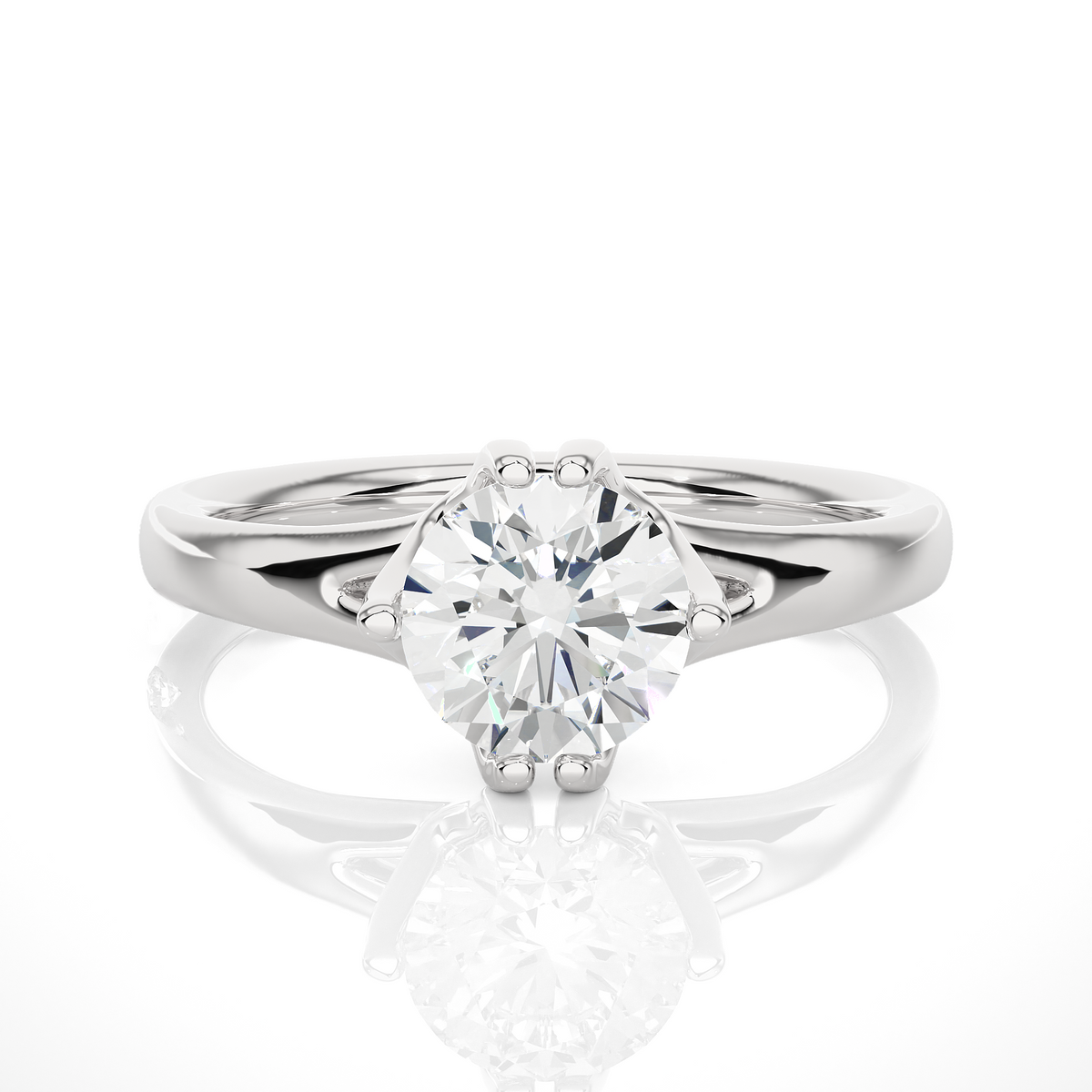 Front view of 1 ct round moissanite solitaire engagement ring in white gold, highlighting the brilliant center moissanite stone
