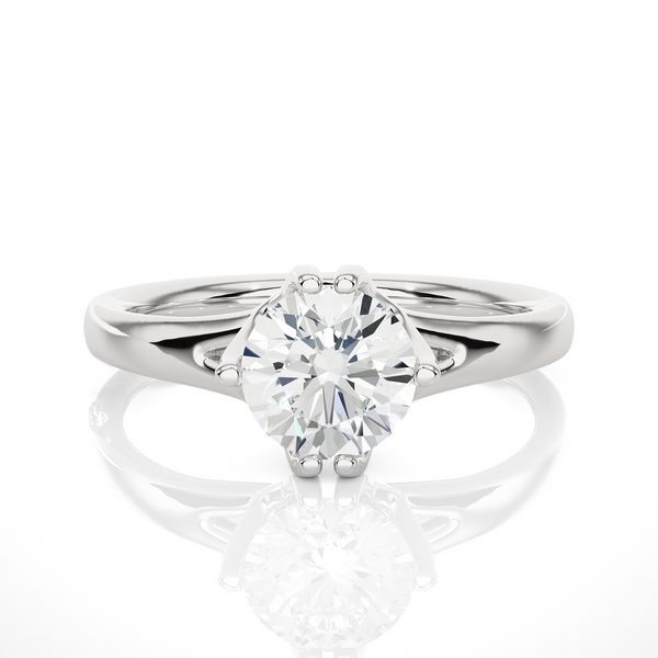 Front view of 1 Ct Round Moissanite Solitaire Engagement Ring In White Gold, highlighting the brilliant center moissanite stone.