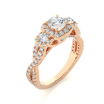 Load image into Gallery viewer, Angled view of 2.50 Ct Round Moissanite Three Stone Halo Engagement Ring In Rose Gold, showcasing the band and setting.​
