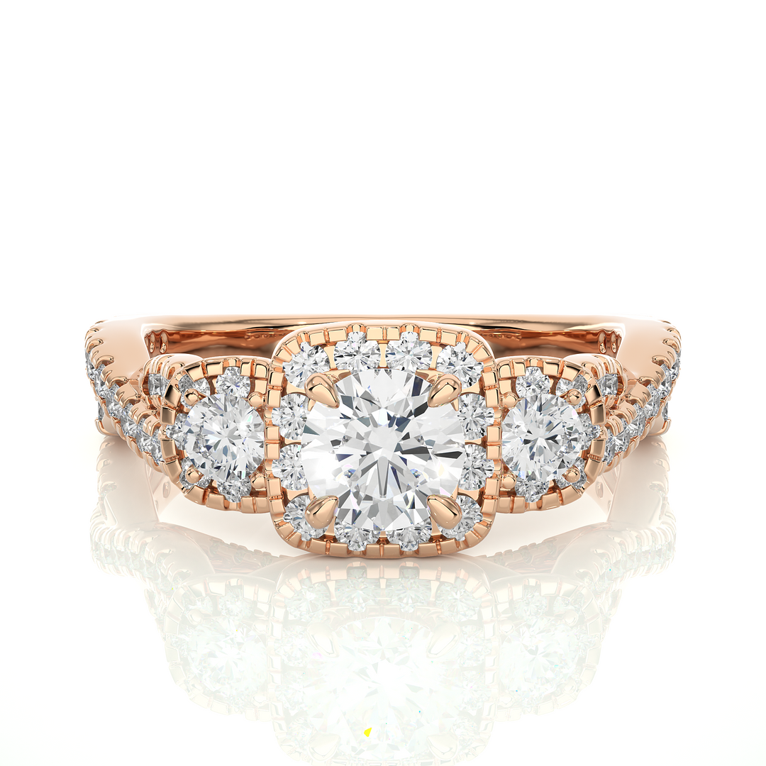 1.50 Ct Round Moissanite Three Stone Halo Engagement Ring In Rose Gold
