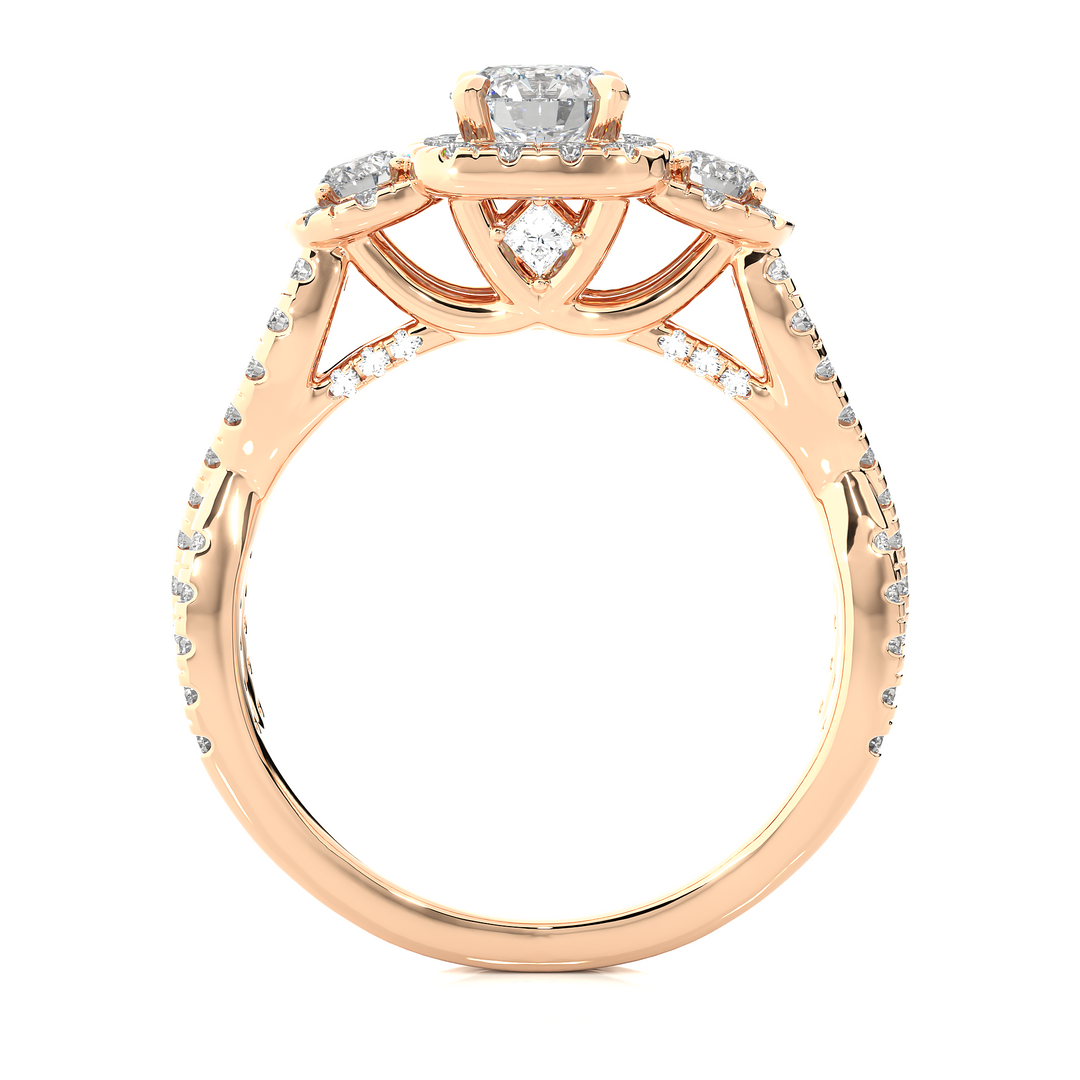 Side profile of 2.50 Ct Round Moissanite Three Stone Halo Engagement Ring In Rose Gold, highlighting the brilliant center moissanite stone., highlighting the prong setting.