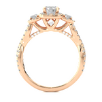 Load image into Gallery viewer, Side profile of 2.50 Ct Round Moissanite Three Stone Halo Engagement Ring In Rose Gold, highlighting the brilliant center moissanite stone., highlighting the prong setting.
