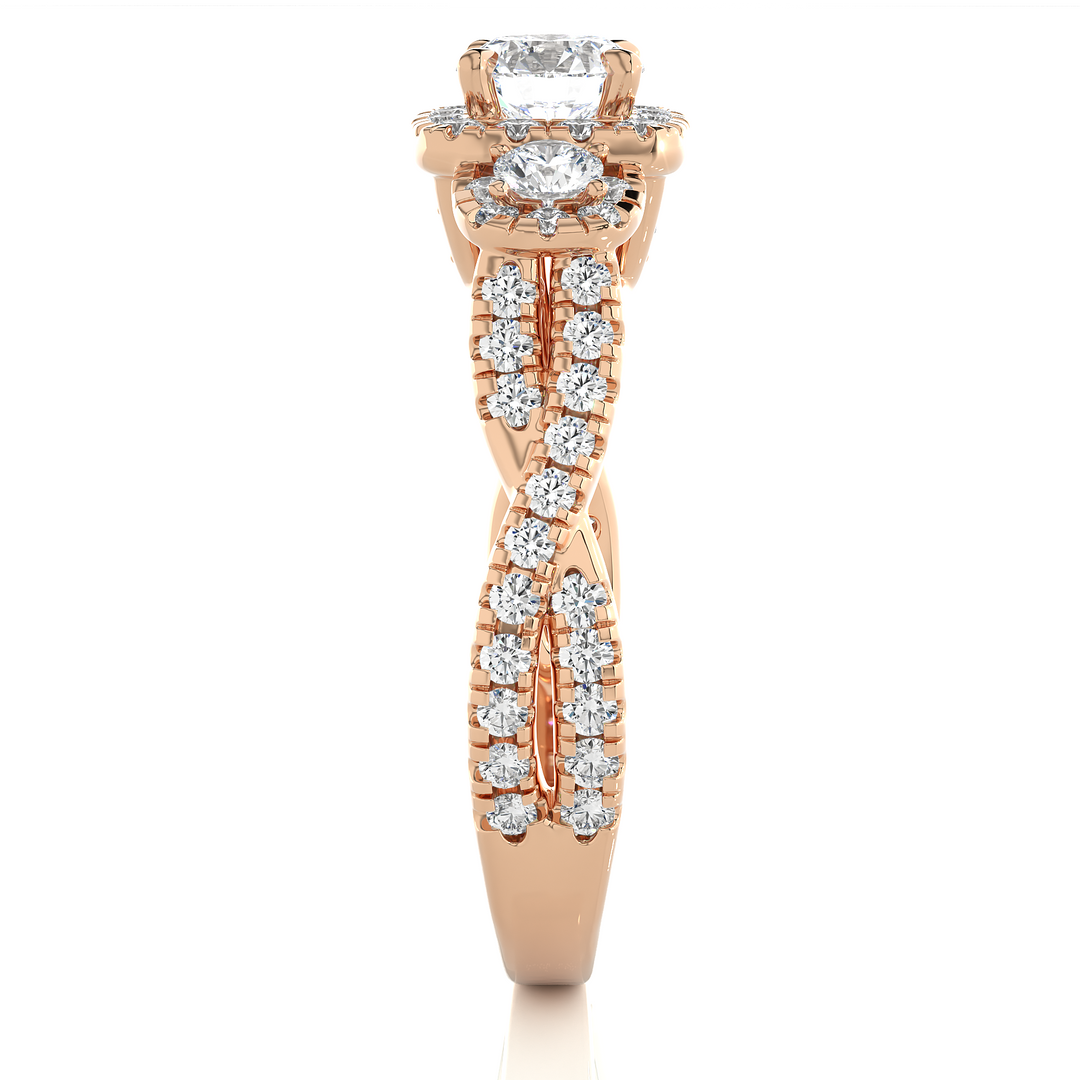 1.50 Ct Round Moissanite Three Stone Halo Engagement Ring In Rose Gold