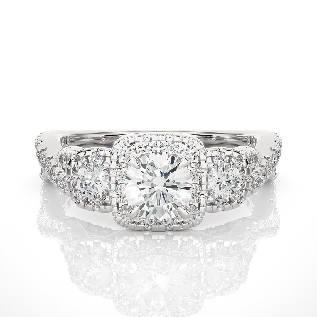1.50 Ct Round Moissanite Three Stone Halo Engagement Ring In White Gold