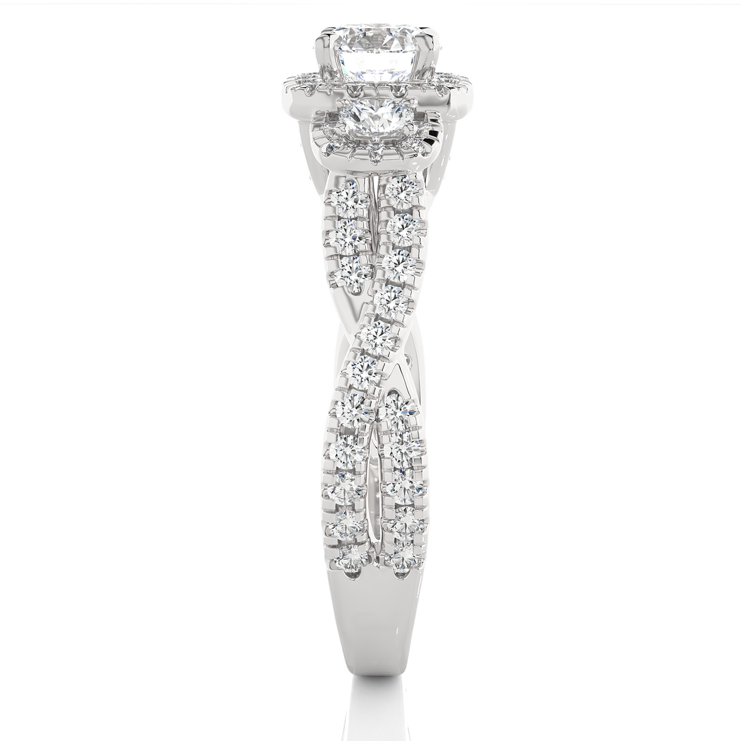 Side profile of 2.50 Ct Round Moissanite Three Stone Halo Engagement Ring In White Gold, highlighting the brilliant center moissanite stone., highlighting the prong setting.