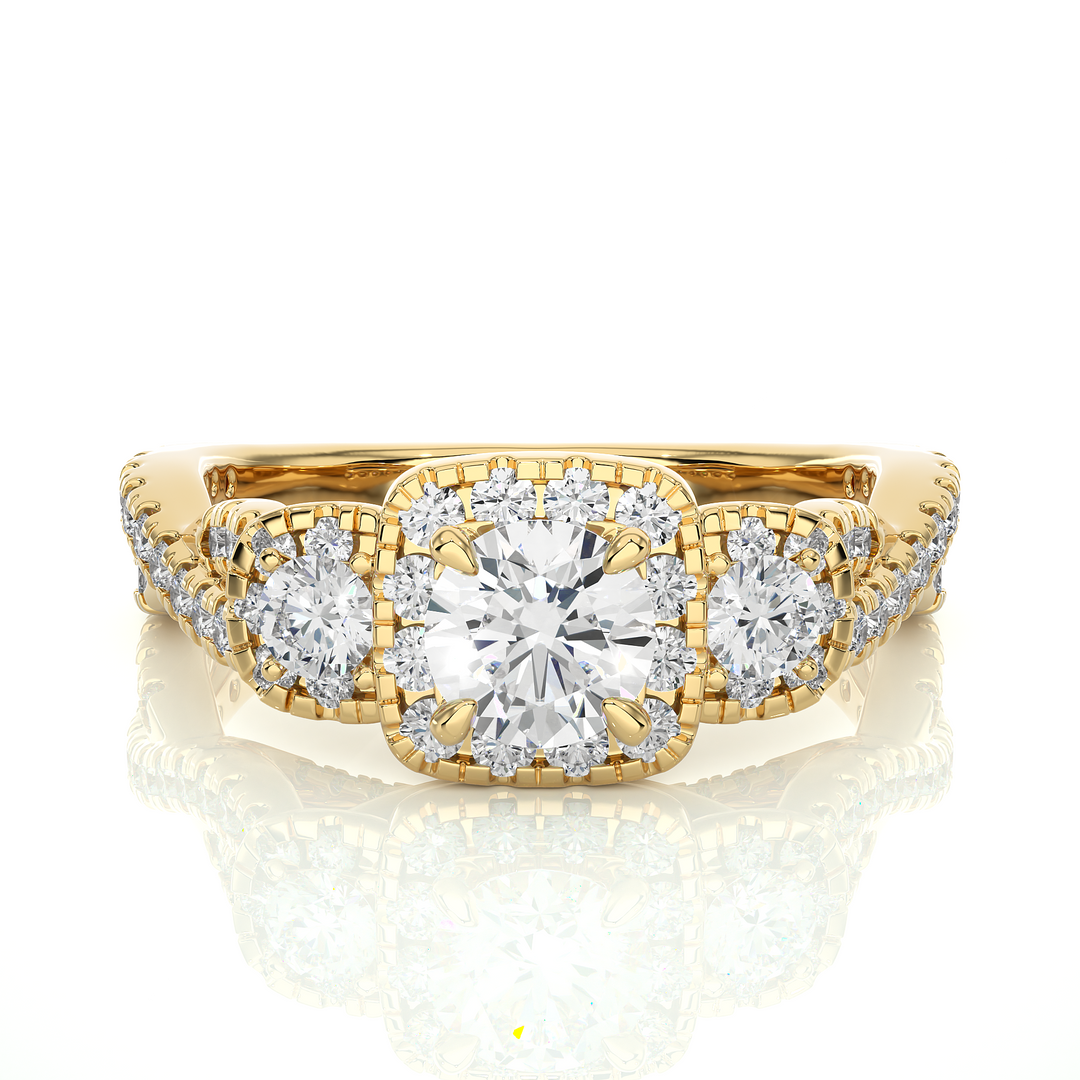 Front view of 2.50 Ct Round Moissanite Three Stone Halo Engagement Ring In Yellow Gold, highlighting the brilliant center Moissanite stone.