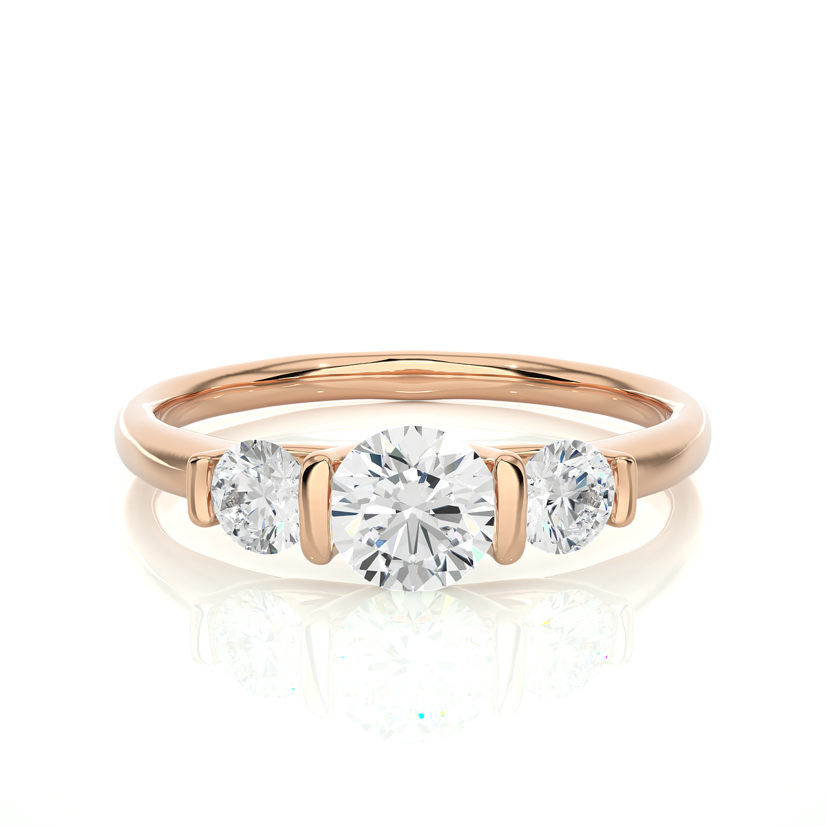 Front view of 2 carat round cut moissanite three stone engagement ring in rose gold, highlighting the brilliant center moissanite stone