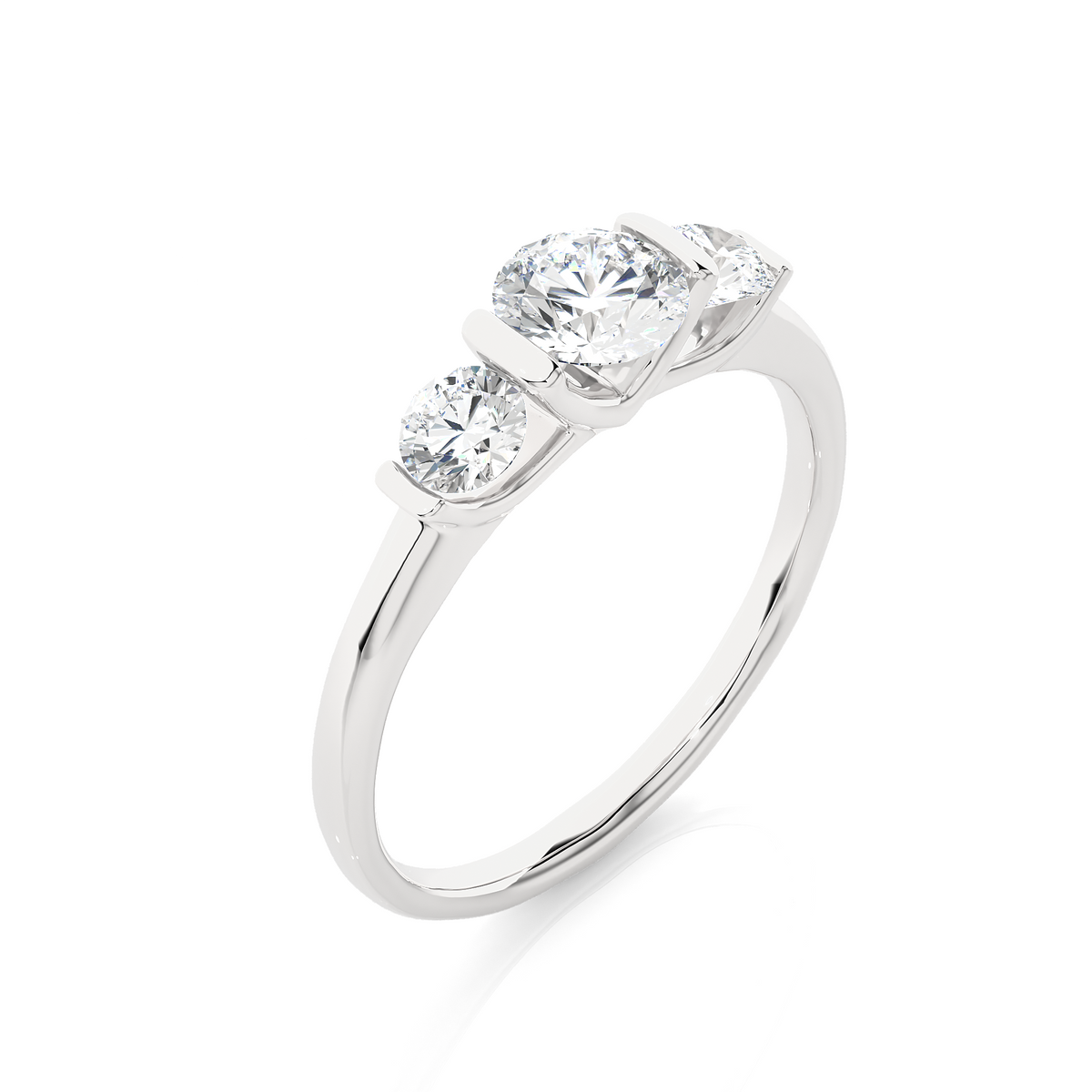Angled view of 2 carat round cut moissanite three stone engagement ring in white gold, showcasing the band and setting