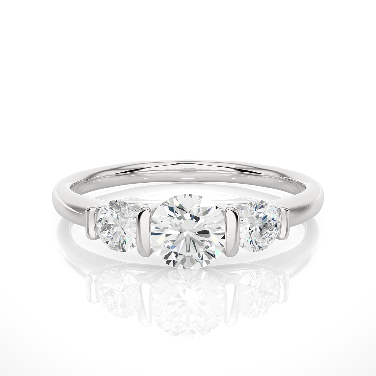 1 carat round cut moissanite three stone engagement ring in white gold