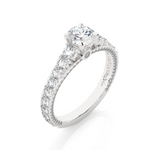 Load image into Gallery viewer, Angled view of 2 Ct Bridge Set Moissanite Engagement Ring With Accent In Silver, showcasing the band and setting.​
