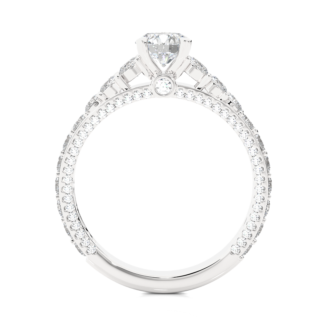 Side profile of 2 Ct Bridge Set Moissanite Engagement Ring With Accent In Silver, highlighting the prong setting.